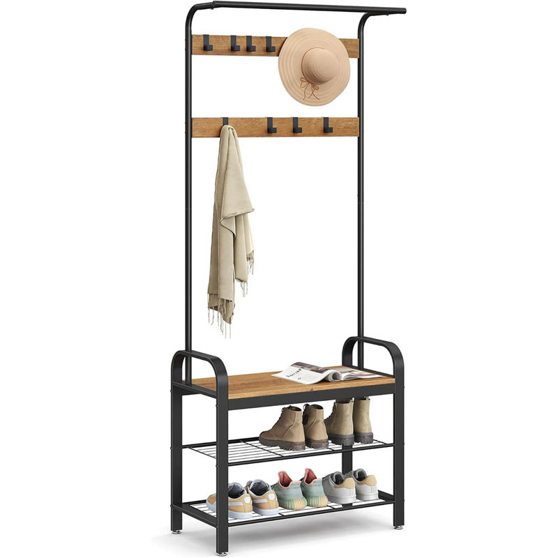Metal Freestanding 9 - Hook Coat Rack, Rustic Walnut/Black
