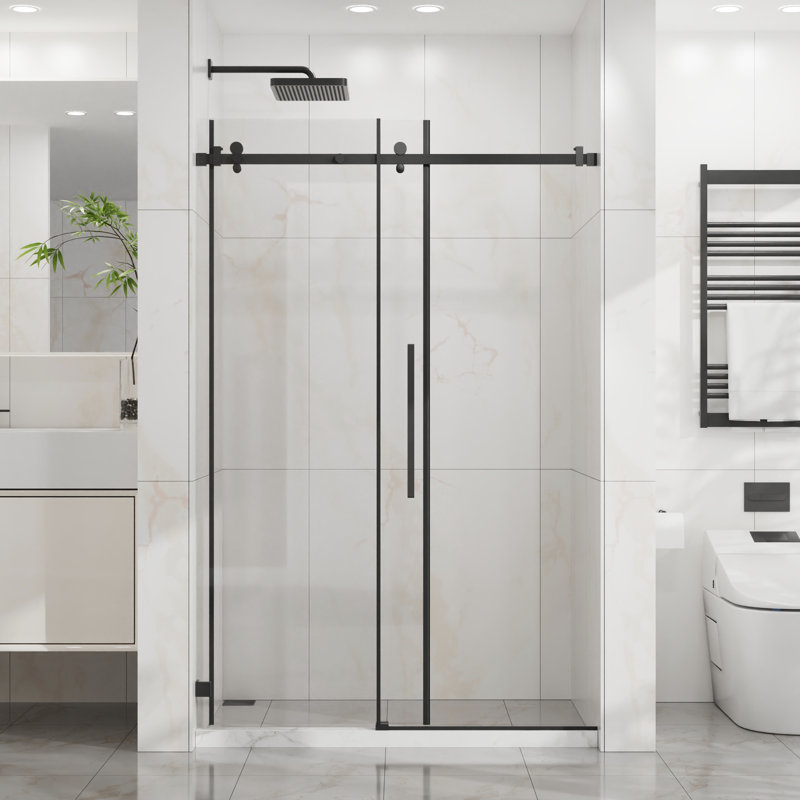 44" - 48" Adjustable Width Sliding Shower Door, 6mm Tempered Clear Glass, Waterproof Seal, Modern Bathroom Accessory Glass Door With 1/4" (6mm) Stainless Steel Rollers, Matte Black Finish, Easy