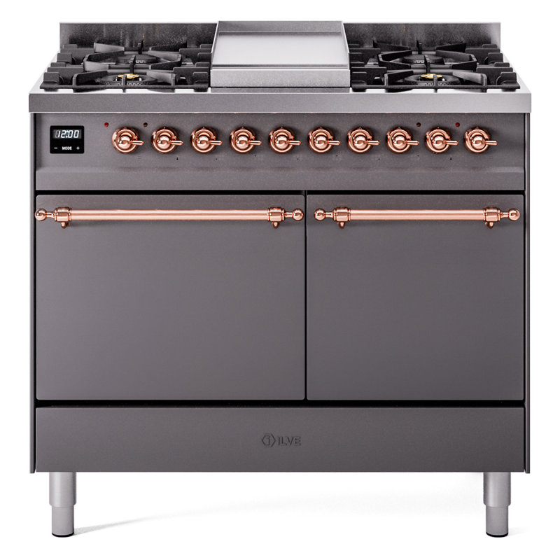 Cuisinière à double combustible de 40 po avec 6 brûleurs scellés et plaque chauffante ILVE Nostalgie II Series (porte pleine)