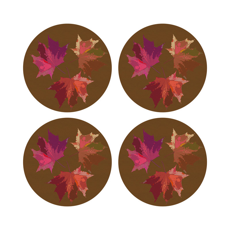 Autumn Leaves Vegan Leather Round Pebble Placemat, Brown