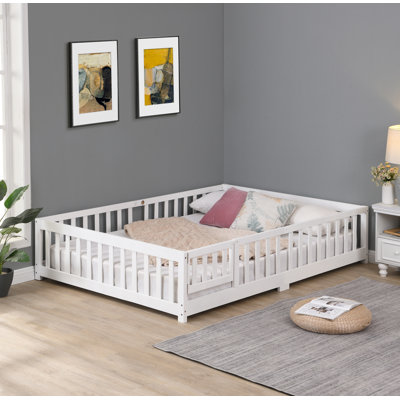 Queen Size Floor Bed with Door,Solid Wood Platform Bed Frame with Fence,Suitable for children,Pine Wood