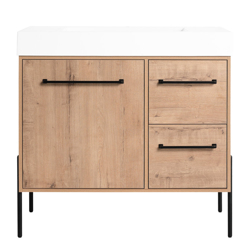 36" Modern Bathroom Vanity With 2 Drawers, White Resin Basin, And Soft-Close Hinges - Create A Relaxed Environment Freestanding Sink, Imitative Oak Color Enhance Your Bathroom's Visual Appeal
