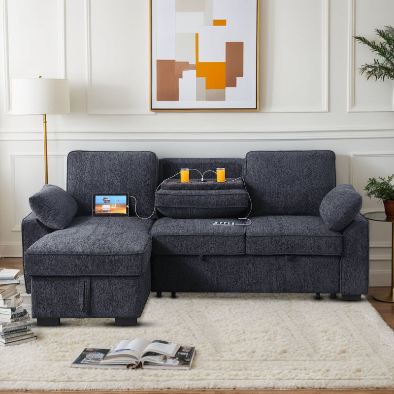 Aurora 91.5 " Reversible Chenille Upholstered Sleeper Sofa Bed with Storage Chaise, Gray
