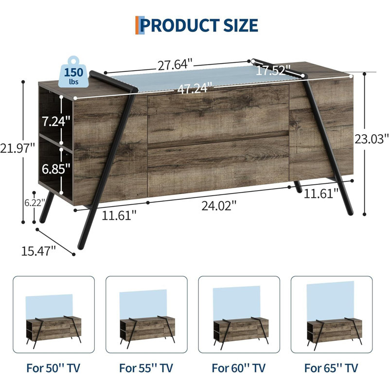 TV Stand, With 2 Drawers And  U-Shaped Metal Base, Rustic Gray, 21.97"H x 47.24"L x 15.47"W
