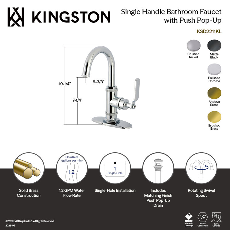 Robinet pour salle de bain à poignée simple Kingston Chrome KSD2211KL Kingston, Laiton antique