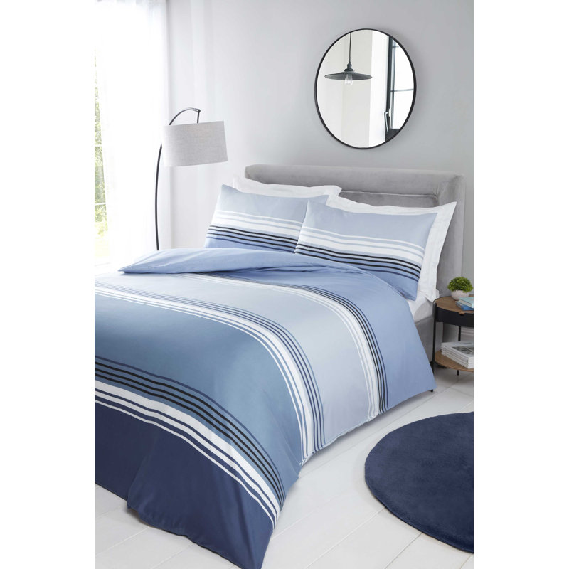 Southsea Cotton Blend Striped Duvet Cover with Pillowcases, Blue, Kingsize Duvet Cover + 2 Standard Pillowcases