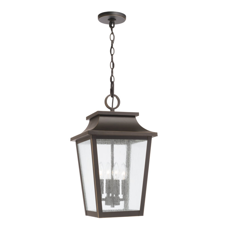 12"W x 21"H 4-Light Outdoor Tapered Hanging Lantern with Ripple Glass, Oiled Bronze