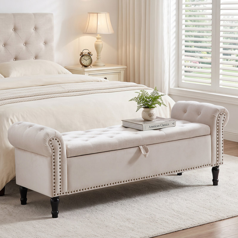 Banc de rangement 67 po Lunara, Velours beige, 67 po de largeur