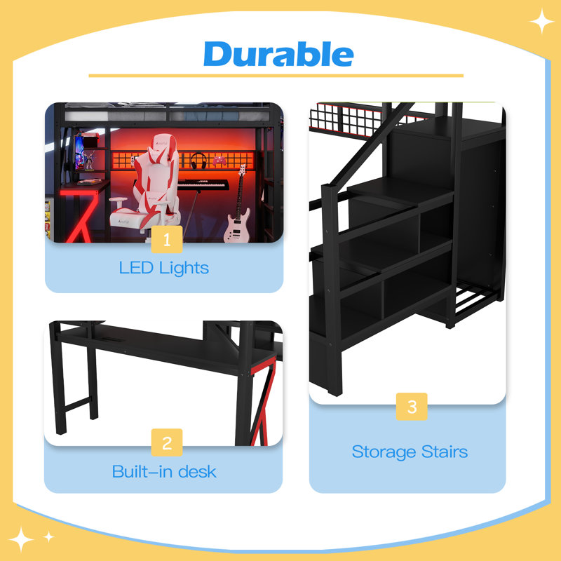 Metal Full Loft Bed with High Guardrails and Beside Storage Shelf