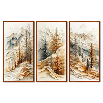 «Orange Calm Pine Mountain Layers - Beige Mountain», reproduction de toile encadrée 3 pièces