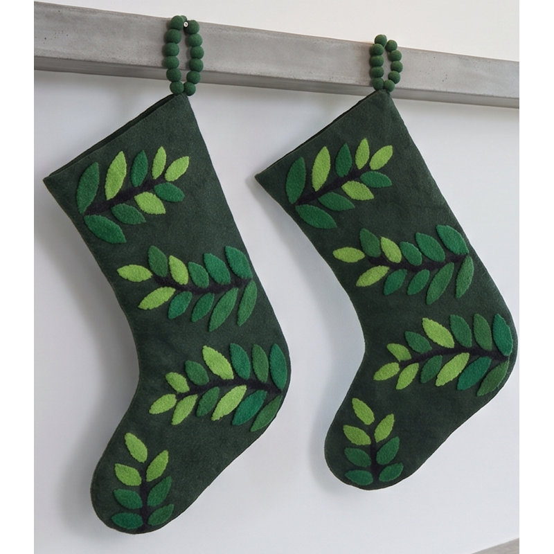 Hand Felted Wool Christmas Stocking - Leaves on Green