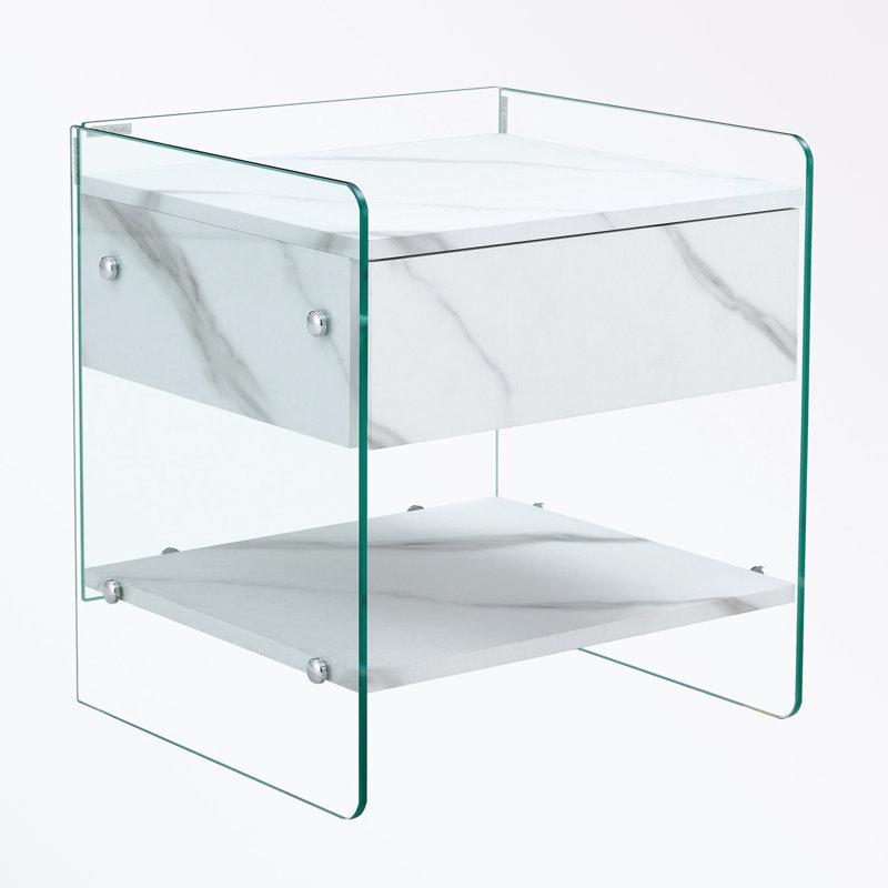 End Table with 1 drawer, buttom shelf and galss sled legs