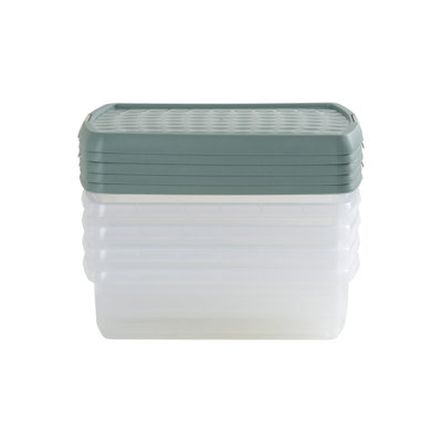Wham Clip 5x 8.5L Rectangular Plastic Storage Boxes with Secure Clip Lock Lids. L:39 x W:29 x H:10.5cm Clear/Green Milieu/Stone