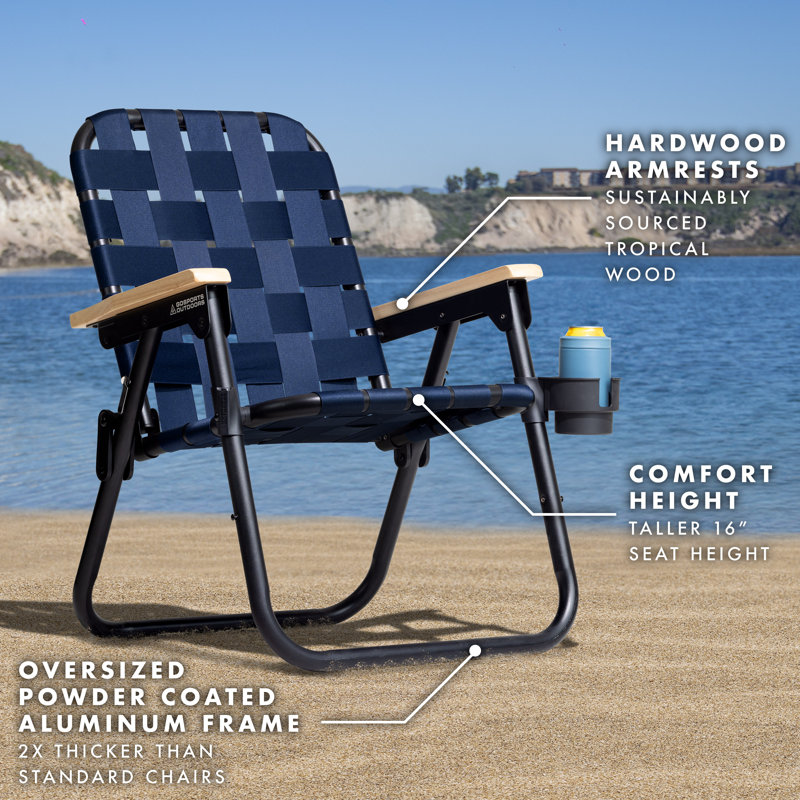 Navy Woven Aluminum Beach and Camping Chair with Hardwood Arms