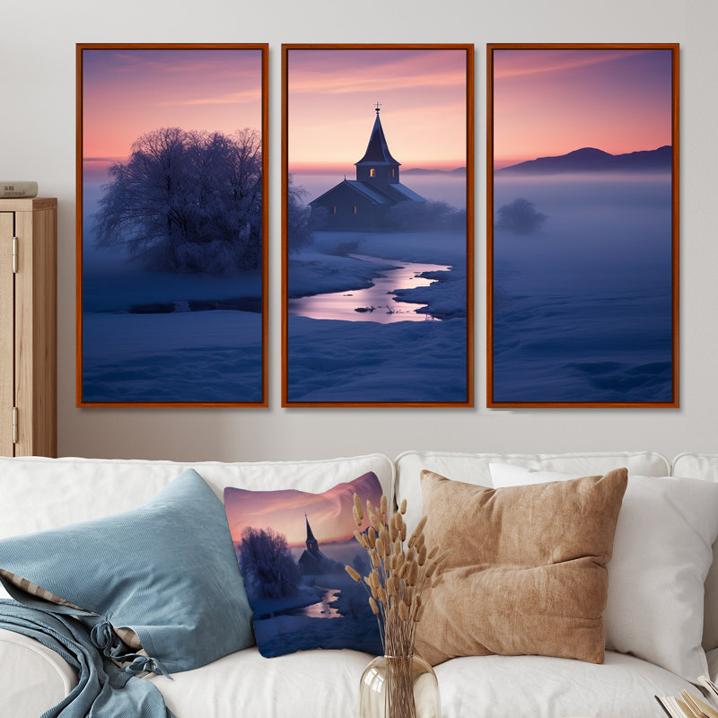 «Little Church In Misty Snow Landscape Sunset I - Church», ensemble d'art mural, Cadre flottant brun