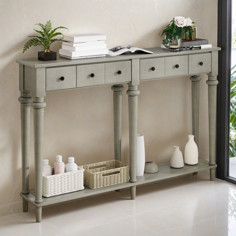 Console 60 po en bois massif avec 4 tiroirs et 1 tablette pour le vestibule, Gris