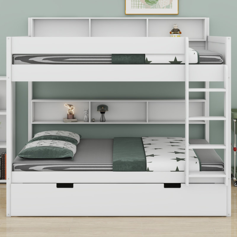 Bunk Bed Frame with Trundle and Built-in Storage Shelves, Twin over twin, White