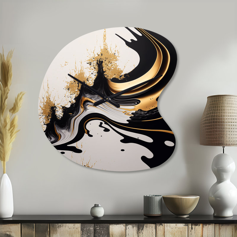 Vague noire et dorée - horloge abstraite en métal de forme unique, horloge murale asymétrique moderne, Petit