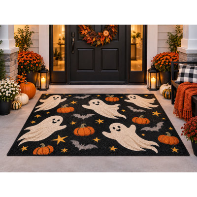 Tapis d'extérieur 152 x 213 cm, motif d'Halloween fantôme, citrouille, chauve-souris et étoiles, tapis bouclé imperméable en PVC, tapis de terrasse résistant, séchage rapide, idéal pour porche, terrasse, balcon ou entrée.