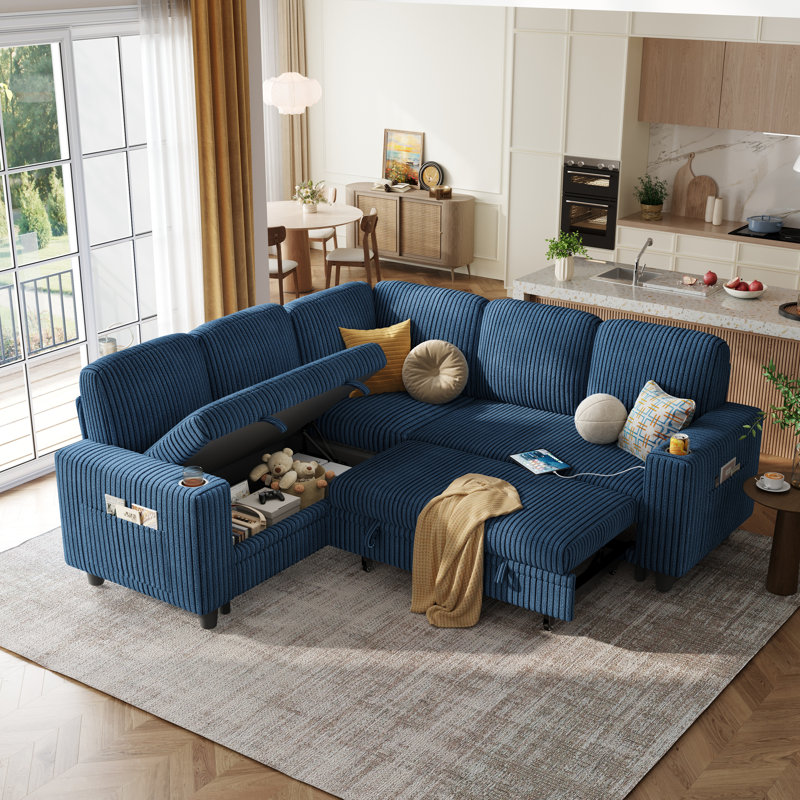 Sherry L Shaped Corduroy Sleeper Sectional With Storage Chaise & USB Charging, Soren Navy, 5-piece