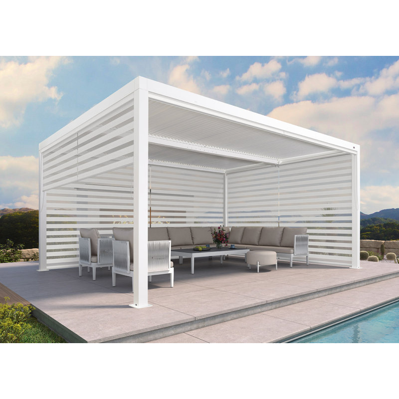 Aluminum Pergola with Roller Shade, 1 Long Side and 2 Short Side, White, 16' x 12'