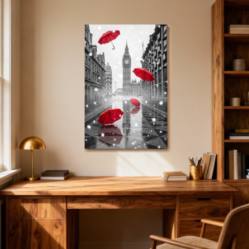 Parasols rouges pittoresques et urbains flottant dans la rue pluvieuse de Londres, H 48 po x l 32 po