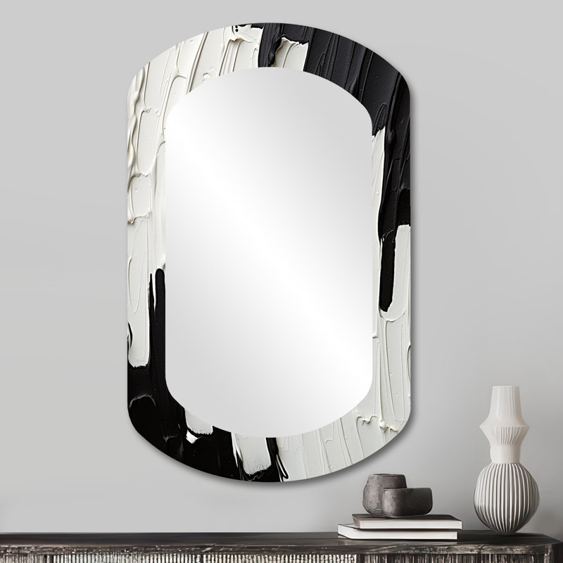 Momentary Spirit Black And White Abstract I - Abstract Painting Unique Shape Decorative Mirror, Modern Freeform Large Wall Mirror, Printed Metal Art