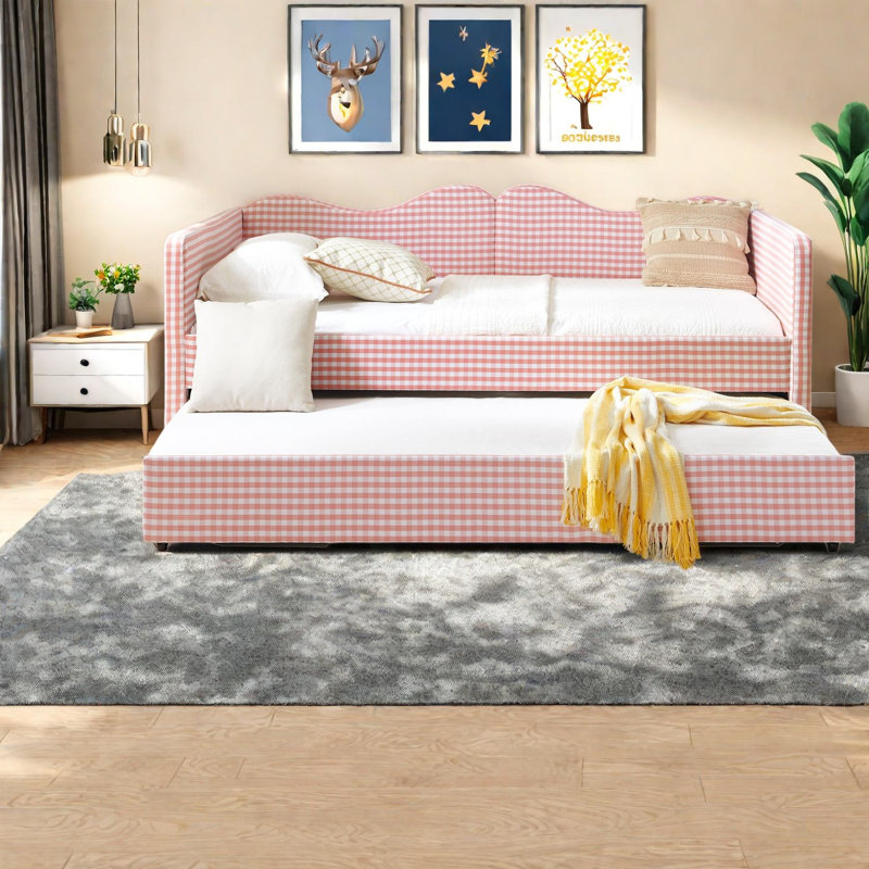 Lits avec rangement, lit de jour extensible en bois aggloméré, chambre d'enfant rose campagnard