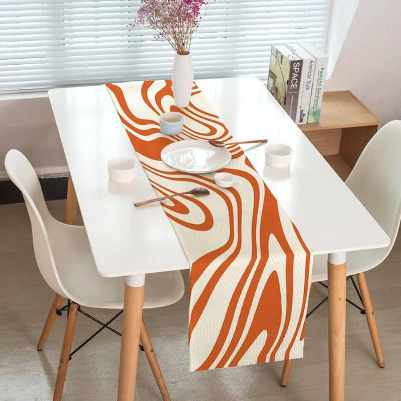 Chemin de table - Sauge / Orange - Design rétro tourbillon ondulé Boho des années 70, décoration intérieure et extérieure pour les fêtes, cuisine et salle à manger