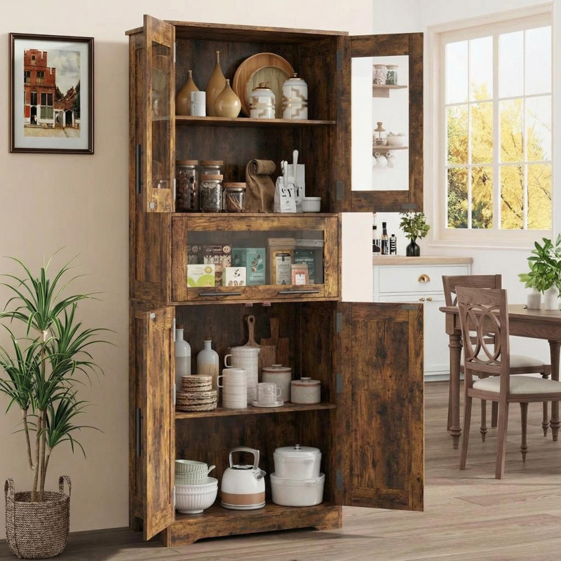 Grande armoire de rangement moderne moderne - double rangée de 67 po à 5 compartiments avec portes en verre et tablettes réglables, résistante à l'humidité et peu encombrante pour la salle de bain, la cuisine, la salle à manger et le salon.