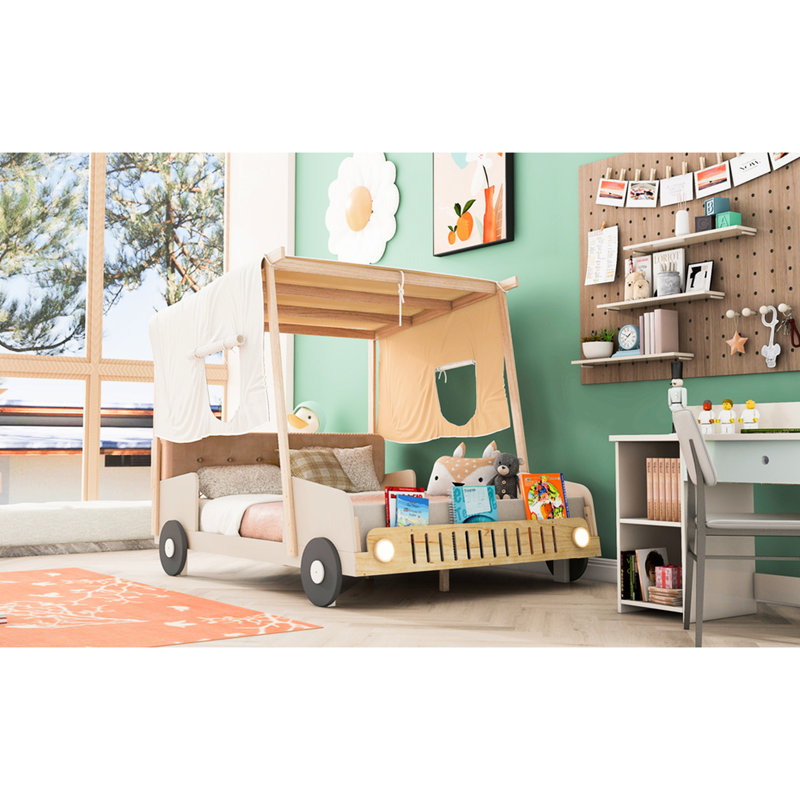 Lit voiture en bois avec coussin confortable, porte-revues et chiffon doux en forme de voiture