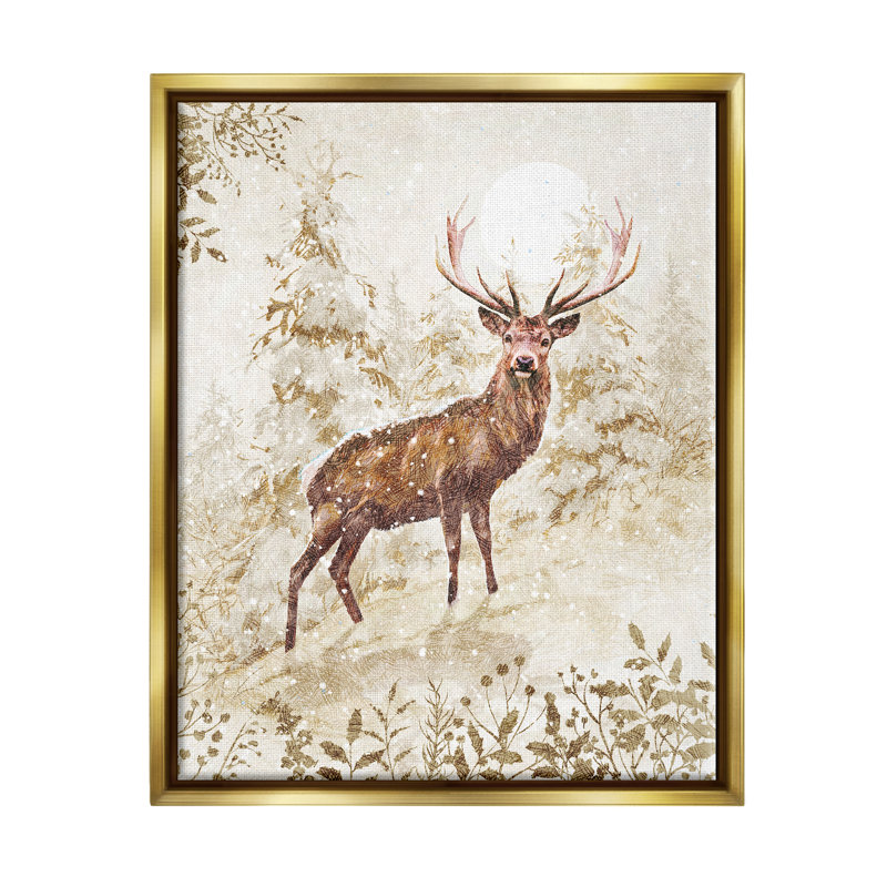 «Elk Snow Covered Forest» par Pip Wilson, peinture, H 21 po x l 17 po x P 1,7 po, Cadre flottant métallique doré