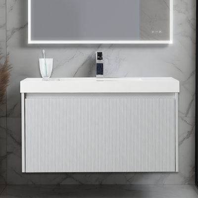 Meuble-lavabo flottant 36 po avec lavabo en acrylique Lovold - Armoire murale en bois avec façade cannelée, tiroirs à fermeture en douceur et design moderne