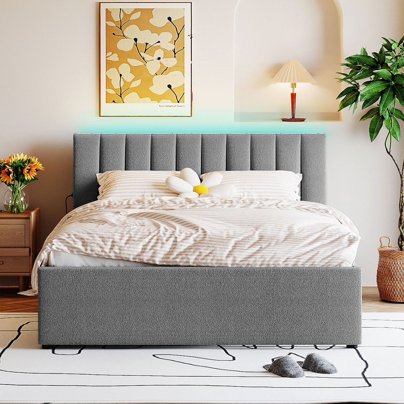 Lit plateforme tapissier Teddy, Gris, Grand lit