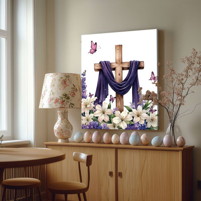 Reproduction d'art sur toile encadrée P&L - reproduction de Pâques 12 po x 16 po (drapé mauve, papillons et fleurs) - Cozy