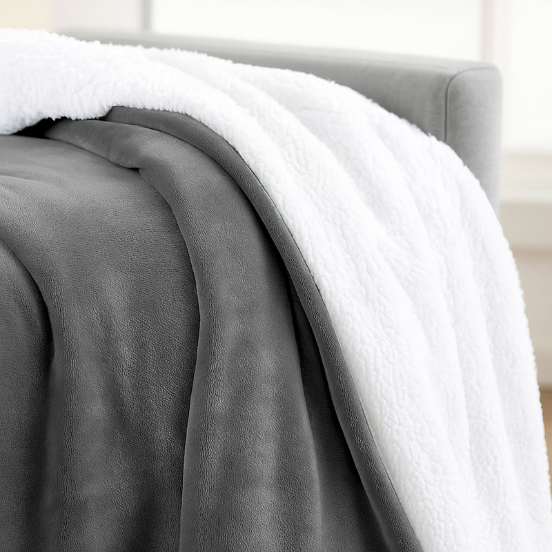 Sherpa Fleece Fur Thick Reversible Blanket Throw, 200cm x 240cm, Silver