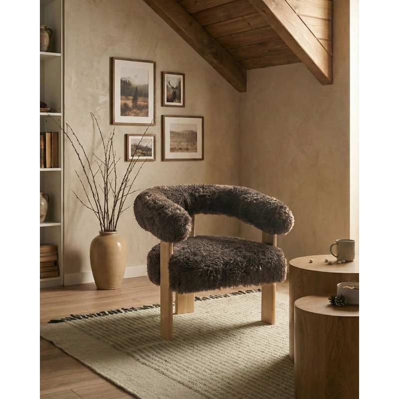 Armchair Aliany Faux Fur, Brown, Natural Wood