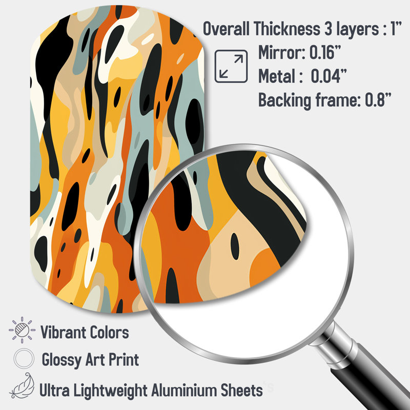 Tribal Camo Fusion - Abstract Asymmetrical Metal Wall Art, Orange Cylinder Metal Art Print, 43" H x 23" W x 1" D