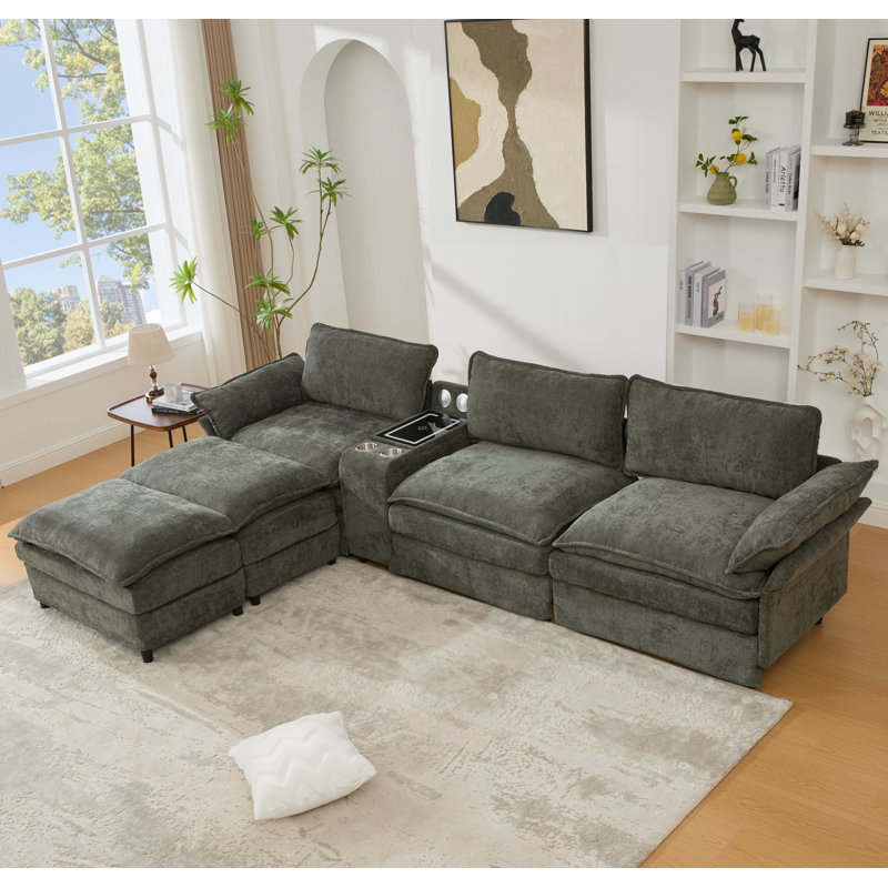 Canapé modulaire en U en forme de U, console de rangement et recharge sans fil, 2 porte-gobelets, haut-parleurs Bluetooth, 2 repose-pieds mobiles, main courante réglable, siège mobile, chenille, vert