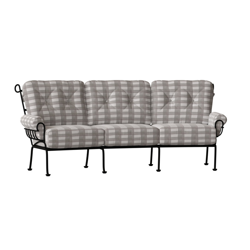 Terrace 114'' Wide Iron Patio Sofa with Cushions, Chestnut Brown, Prescott Dove Check Sunbrella®