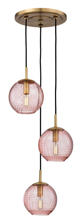 Aged Brass Globe Pendant with Blue Glass Shade - 3 Light
