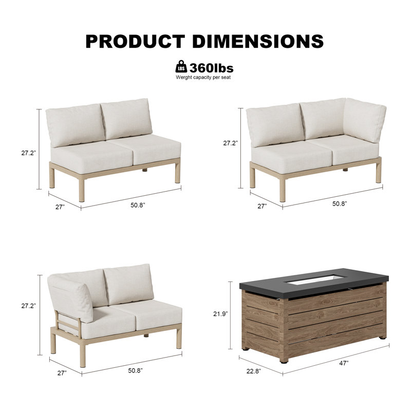 Ensemble de conversation d'extérieur en aluminium à 6 sièges Toochi avec coussins et foyer Tabe