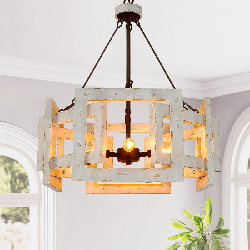 Marchini 4-Light Geometric Chandelier with Rusty Finish Weathered Off-White Wood Frame