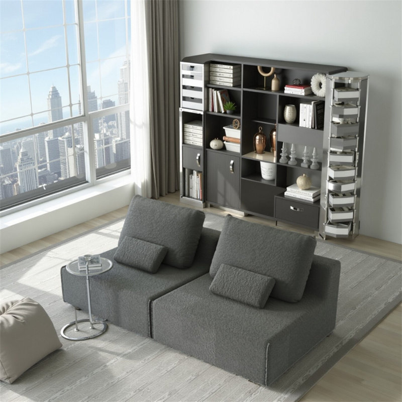 Ensemble de canapé deux places de luxe en tissu sur pied, Gris