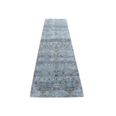 2'6"x10' Gray Silk with Wool Hand Knotted Erased Design Runner Rug 095DCCDB1F8F48F1BE99DDCAD0F23C1A
