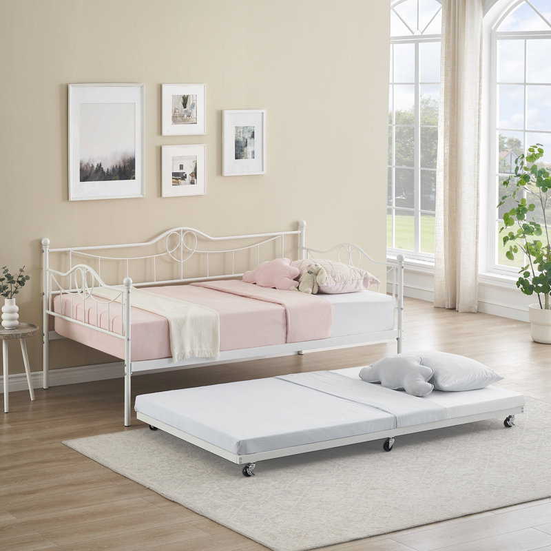 Twin Daybed with Trundle and Backrest, Metal Sofa Bed Frame for Living Room, Bedroom and Guest Room, White