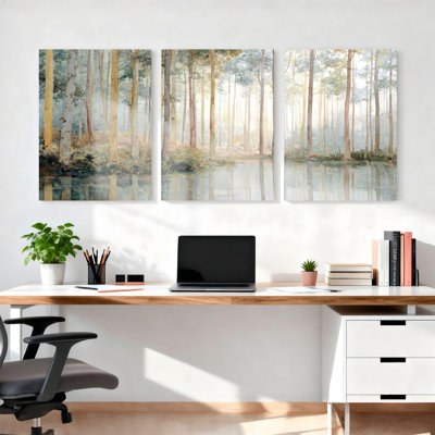 Forest Landscape Watercolor Painting Canvas Wrapped Wall Art Set Of 3 For Living Room Bedroom Home Decor
