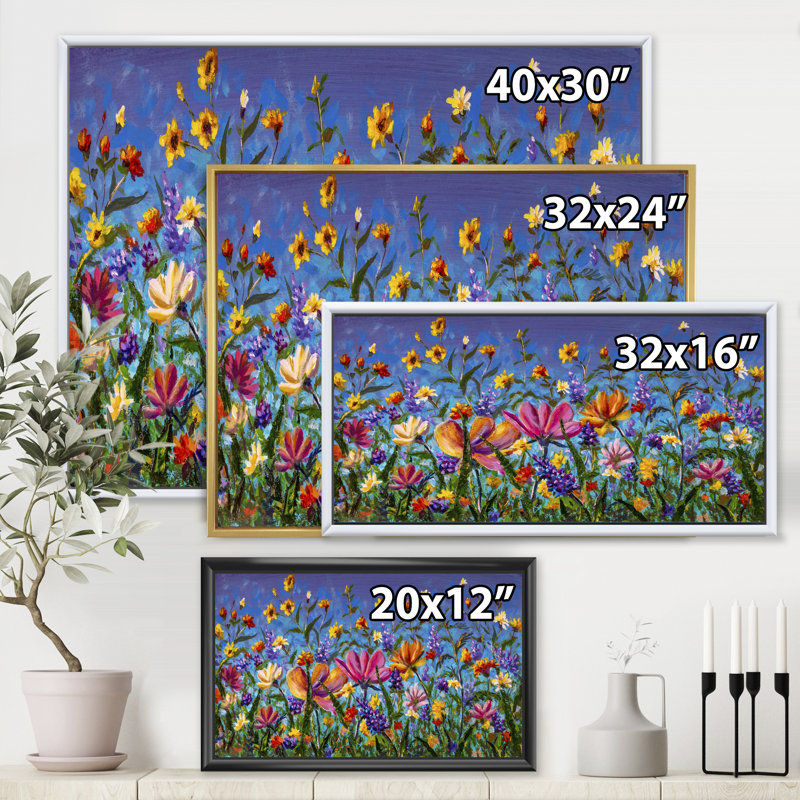 Marguerites et fleurs sauvages dans un jardin d'été I - peinture sur toile, H 30 po x l 40 po x 1,5 po, Cadre flottant blanc
