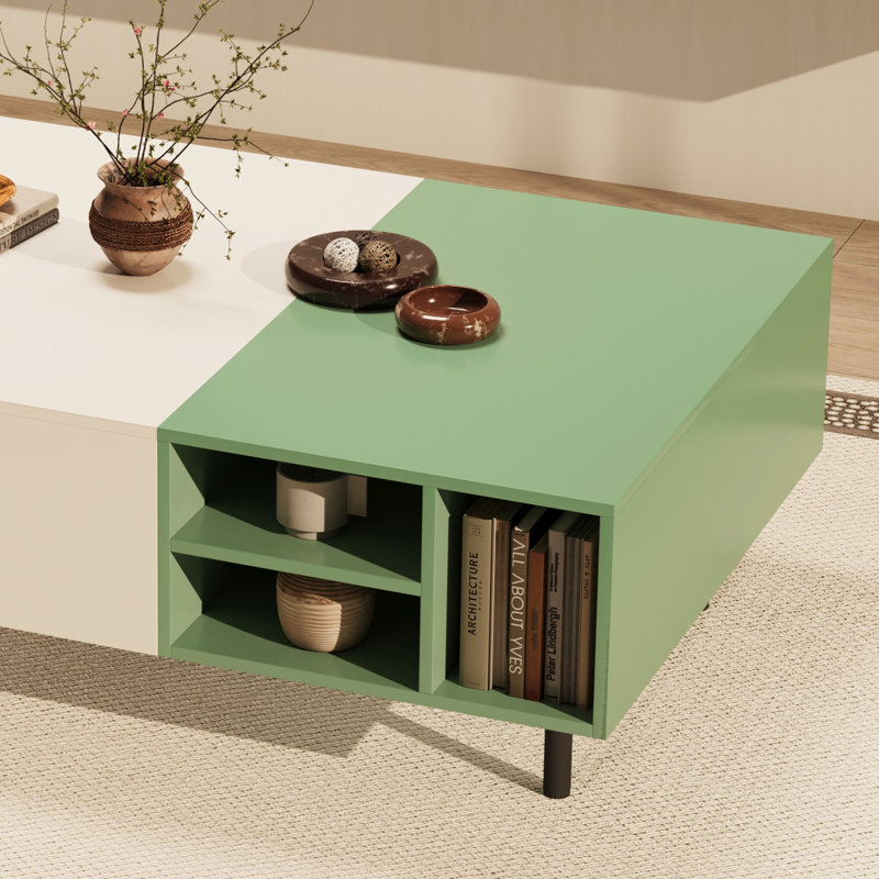 Table basse moderne à deux tons avec 2 tiroirs et tablettes ouvertes, poignée cachée Modern Living