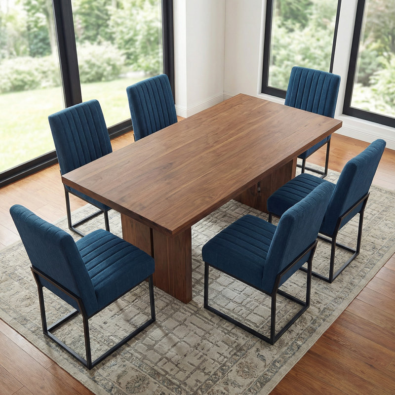 19.9'' H Striped Polyester Fabric Upholstered Side Chair (Set of 6), 6, Blue Quilted Polyester